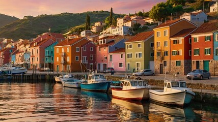 Obraz premium A row of colorful houses with boats docked in front of them