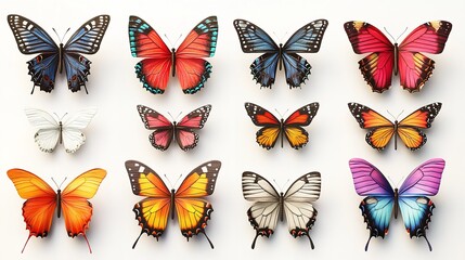 "Colorful Collection of Butterflies with Various Patterns Arranged in Rows"