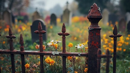 A rusted metal fence with flowers in front of it.