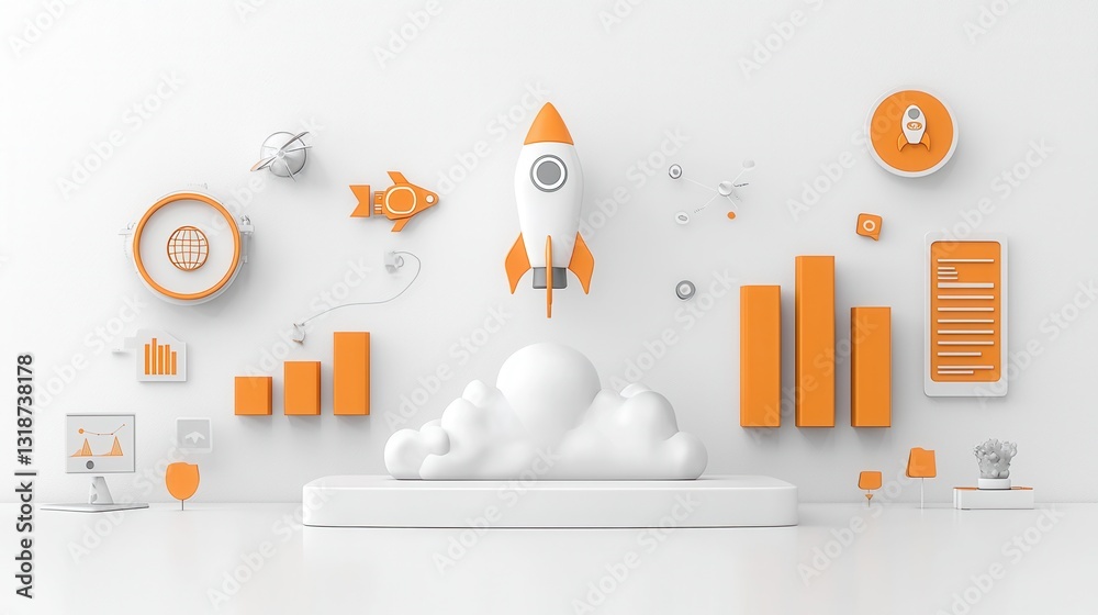 Poster elegant startup and financial progress theme with a rocket launch and various data visualizations in