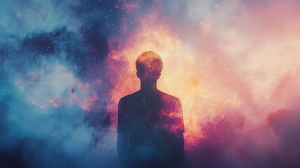 Obraz premium Silhouette of a meditating figure infused with a glowing nebula, spiritual and cosmic double exposure effect