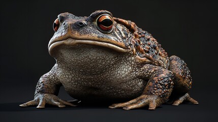 "Close-Up View of a Toad with Detailed Textured Skin and Prominent Eyes Against a Dark Background"