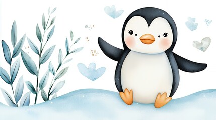 Obraz premium Cute Watercolor Penguin Illustration with Blue Leaves and Snow