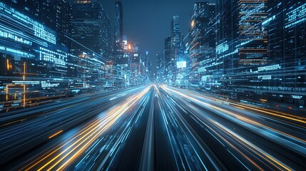 Fototapeta premium High speed futuristic highway cutting through a dazzling neon lit cityscape at night Blurred motion of traffic streams skyscrapers and illumination create a dynamic technological atmosphere