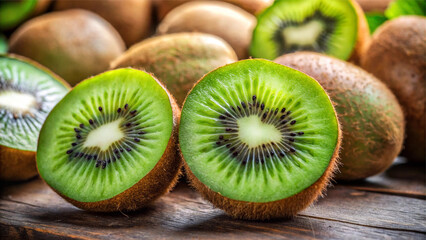 Fresh kiwi fruit with a vibrant green interior, sliced open on a wooden surface.