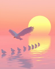 Naklejka premium Eagle soaring above group birds at sunset over calm water