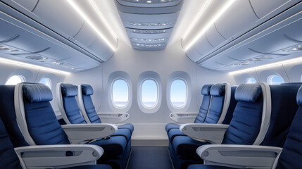 Fototapeta premium Empty airplane cabin with seats and windows, showcasing a quiet and spacious interior of a jet aircraft, reflecting travel and transportation