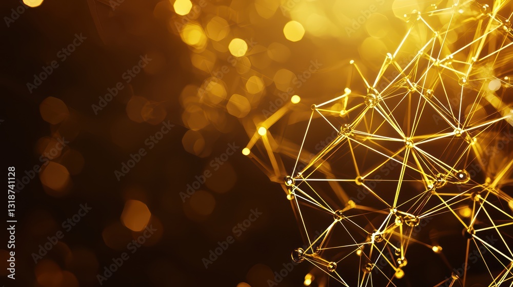 Poster glowing interconnected lines and nodes representing a network of connections in golden light