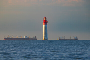 Phare de Chauvea near Ile de Re with ships to La Rochelle, Pays de la Loire, France