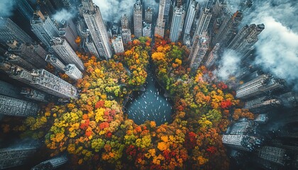 Panoramic view of a bustling city intertwined with enchanted forests, captured by a drones lens, vibrant colors blending, mystical atmosphere