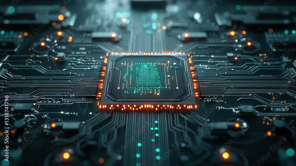 Poster futuristic intelligence and deep learning system represented by an intricate glowing circuit board d