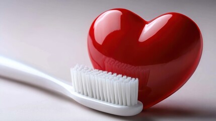 Vibrant red heart and white toothbrush symbolize the importance oral health.