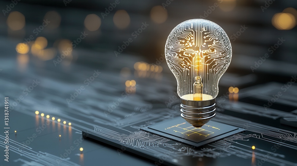 Poster futuristic and deep learning visualization concept with glowing circuit board lightbulb symbolizing 