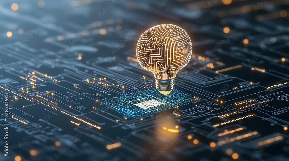 Poster futuristic and deep learning visualization with intricate circuit board and digital codes conceptual