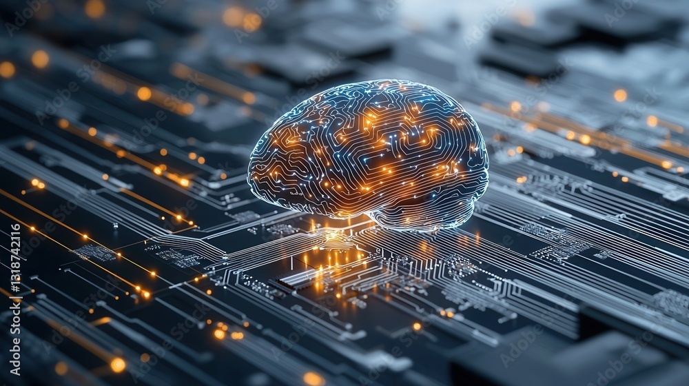 Poster futuristic cybernetic brain tree hybrid powered by intelligence blending natural organic elements wi