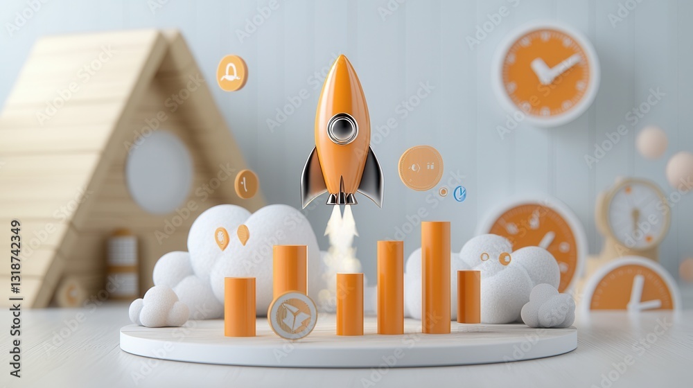 Poster futuristic business launch concept featuring a rocket launch and various data visualization elements