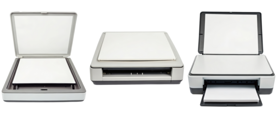 Three flatbed scanners in different positions on a transparent background