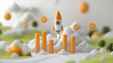 Futuristic business launch concept featuring a rocket takeoff against a scenic landscape with clouds mountains and a digital abstract style  Represents the ideas of startup success innovation growth
