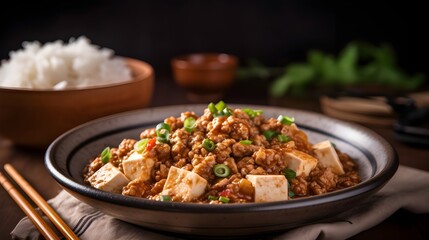 Fototapeta premium Chinese food, Chinese cuisine, Mapo tofu cuisine, Chinese spicy food, rice and mapo tofu