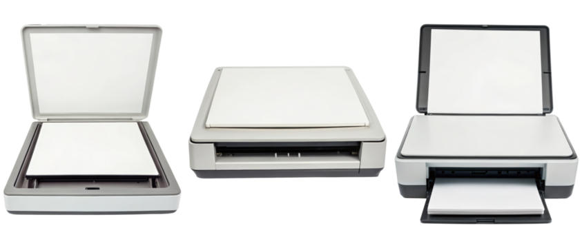 Three flatbed scanners in different positions on a transparent background