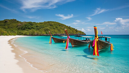 Fototapeta premium Traditional longtail boats resting in the turquoise waters of a tropical paradise