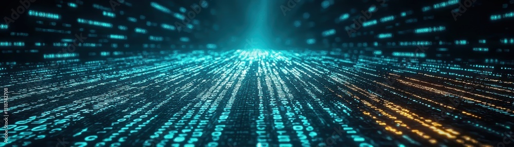 Poster digital transformation concept with binary code symbols flowing.