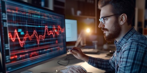 Financial Analyst Examining Market Trends on Multiple Screens