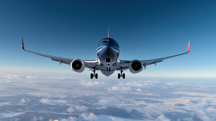 Naklejka premium An airplane flying in the sky, a jet soaring above the clouds with a clear view of the airport and the surrounding atmosphere