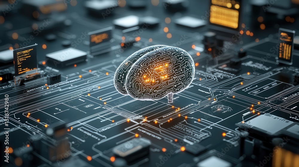 Poster futuristic cybernetic consciousness depicting an interconnected digital network system with circuitr