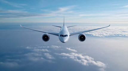 Fototapeta premium Airplane flying in the blue sky with clouds, showcasing jet aircraft, aviation, and travel