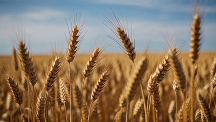 Fototapeta premium Golden wheat stalks swaying in the breeze at outdoor field