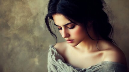 Serene brunette: Soft fabric contemplative gaze neutral backdrop 
