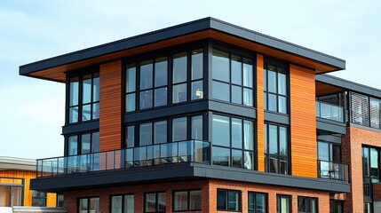 Fototapeta premium Contemporary Residential Building With Glass Facade And Balcony Overlooking Urban Landscape