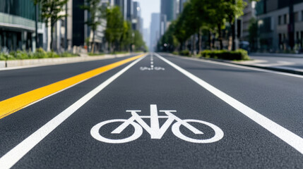 Obraz premium A road sign indicating a bicycle lane on an asphalt road with arrows, bike lane markings, and traffic symbols, suitable for urban transport and cycling routes