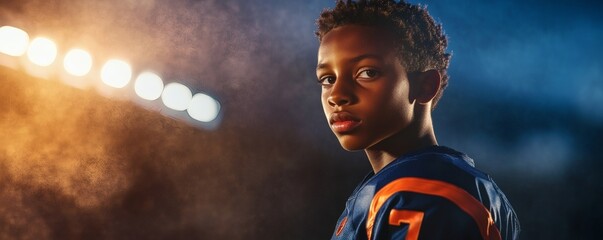 Young football player looks confidently toward the camera on the field