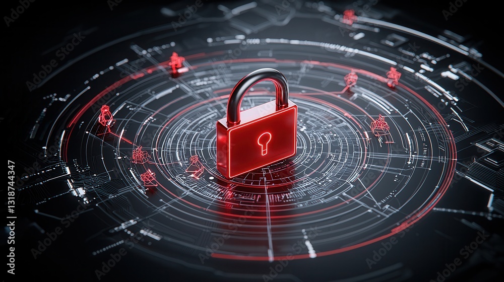 Poster futuristic data protection visualization featuring a secure biometric lock interface with red glowin