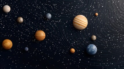 Celestial Illustration of a Solar System with Colorful Planets and Stars in a Constellation Theme