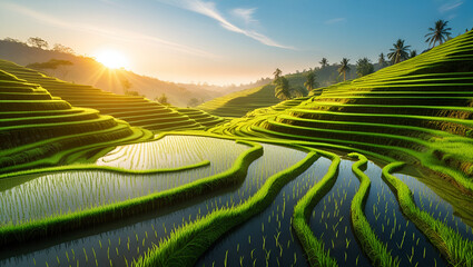 Fototapeta premium Serene Rice Terraces Glowing in Golden Sunrise Light