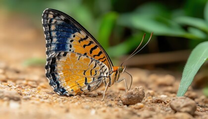 Obraz premium Colorful Butterfly on Tan Soil with Green Vegetation