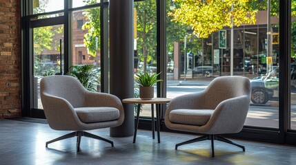 Cozy Modern Lounge Chairs Surrounded by Natural Light and Greenery in Urban Space