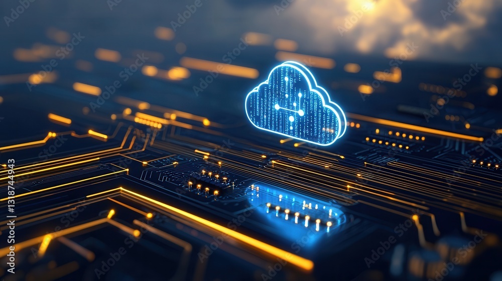 Poster futuristic digital cloud computing concept featuring a glowing circuit board background with a float