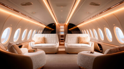Fototapeta premium Interior of an airplane and train with luxurious seats and empty passenger spaces for transportation and travel