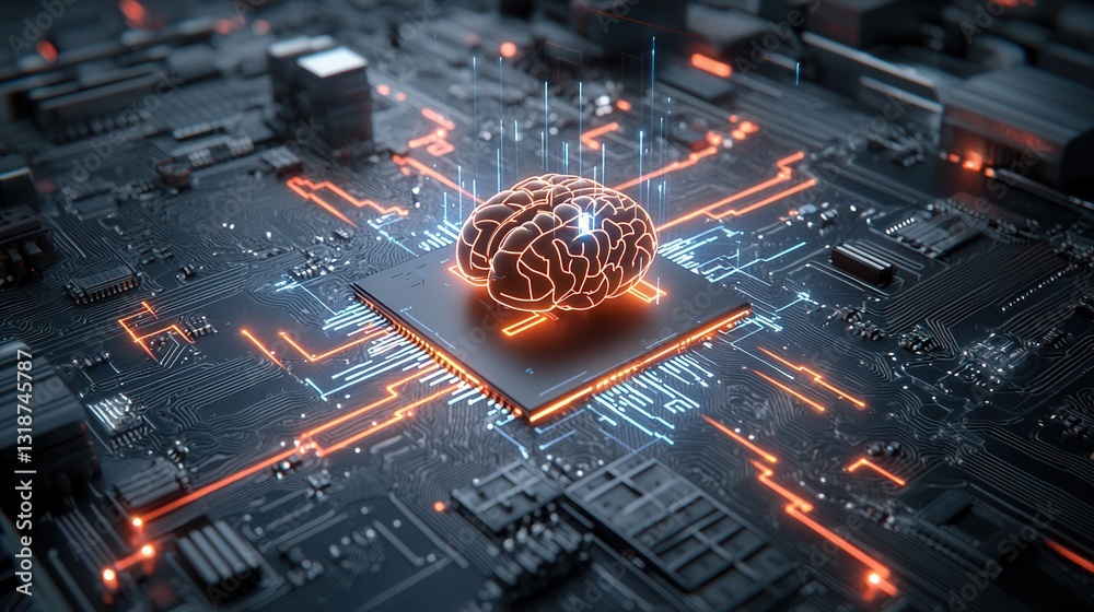 Poster futuristic digital depicting an intricate and luminous brain fuse with interconnected circuits pulsi