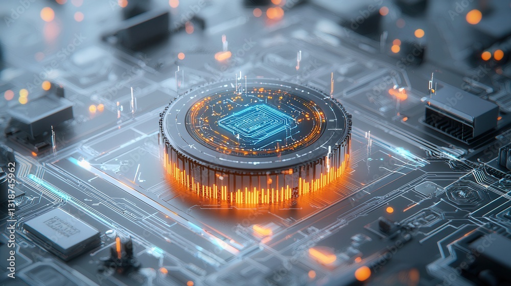Poster futuristic digital depicting an advanced intelligence brain microchip and circuit board design symbo