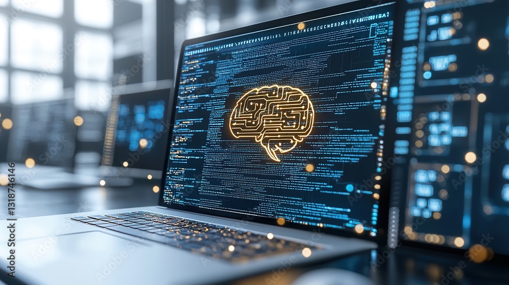 Poster futuristic digital depicting an cybernetic brain with intricate circuit patterns representing the in