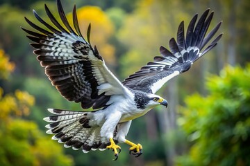 Obraz premium Soaring Eagle: This image captures a magnificent eagle in mid-flight, its wings spread wide against a backdrop of verdant foliage, embodying freedom and power.