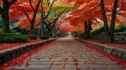 A path lined with trees and red leaves