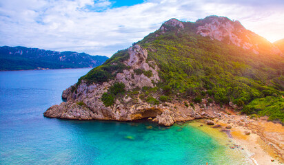 scenic summer view, awesome nature scene in Greece, Corfu, Paleokastritsa, Porto Timoni peninsula