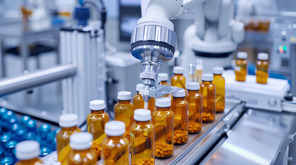 Robotic Arms Filling and Sealing Medicine Bottles in a Pharmaceutical Factory

