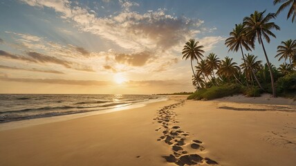 A beach with palm trees and a sunset in the background
